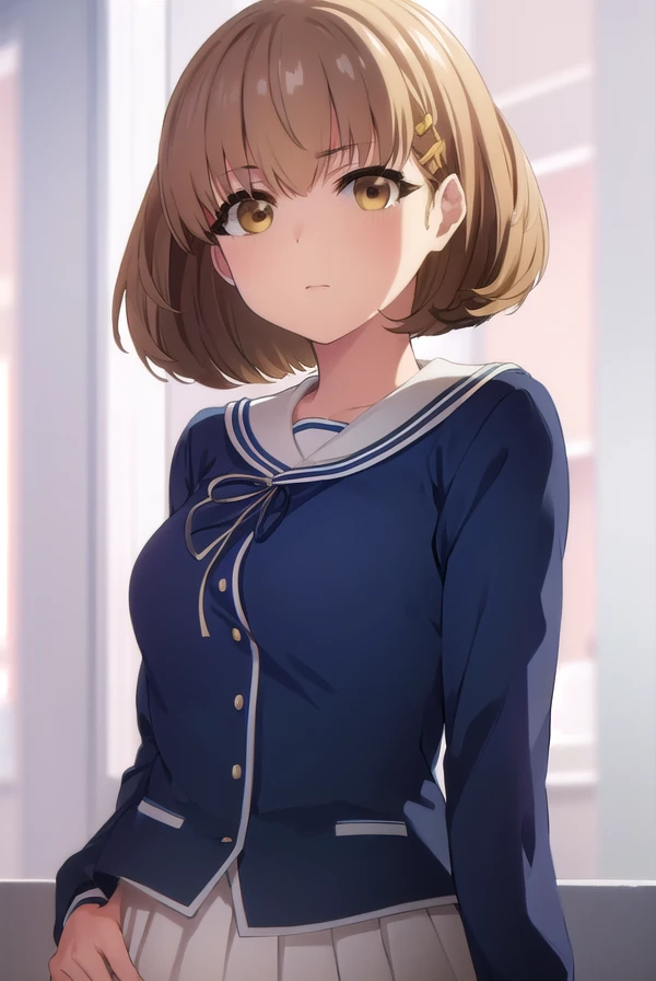 kimiekamata, <lora:kimie kamata s1-lora-nochekaiser:1>,
kimie kamata, short hair, brown hair, hair ornament, (brown eyes:1.5),
BREAK skirt, long sleeves, school uniform, pleated skirt, serafuku,
BREAK indoors, classroom,
BREAK looking at viewer, (cowboy shot:1.5),
BREAK <lyco:GoodHands-beta2:1>, (masterpiece:1.2), best quality, high resolution, unity 8k wallpaper, (illustration:0.8), (beautiful detailed eyes:1.6), extremely detailed face, perfect lighting, extremely detailed CG, (perfect hands, perfect anatomy),