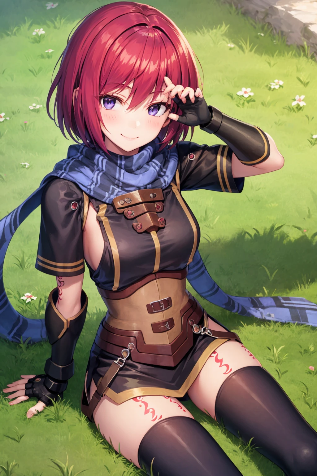 masterpiece, best quality, 1girl, nelzelpher, red hair, short hair, purple eyes, scarf, armor, fingerless gloves, tattoo, thighhighs, sitting, looking at viewer, from above, grass, smile <lora:NelZelpher:1>