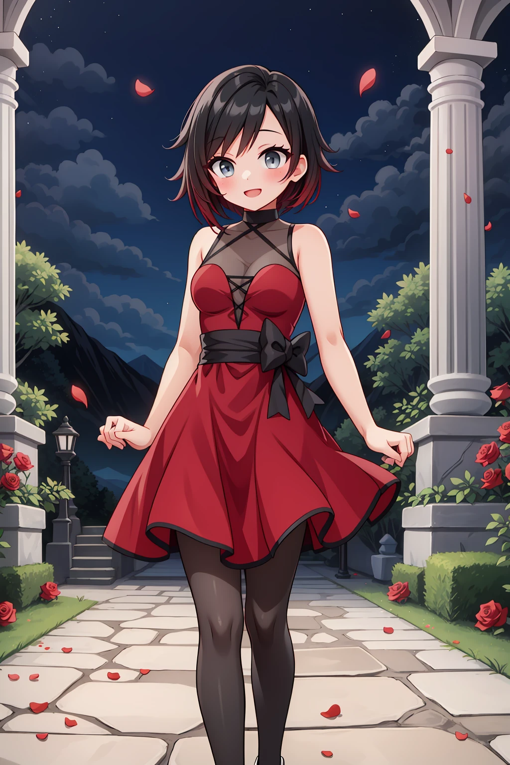 solo, <lora:RubyDance2-05:0.8>, (ddirose), ruby rose,grey eyes,black hair, gradient hair,red dress, pantyhose, high heels, bow, walking, stone pathway, gardens, distant mountains, rose petals, blush, light smile, night