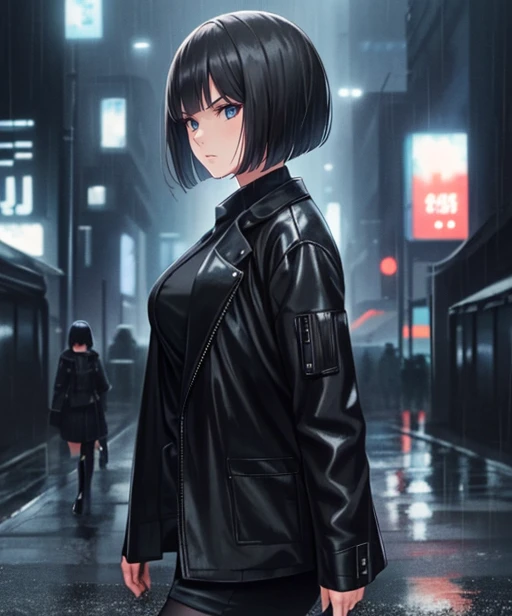 (adult woman), (1girl, solo), walking, ((black jacket)), serious, (black hair, bobcut), (blue eyes), ((future city, neotokyo, scifi city, cyberpunk)), (night, rain), ((best quality, high detail)), ((masterpiece)), <lora:2_koutaro:1>