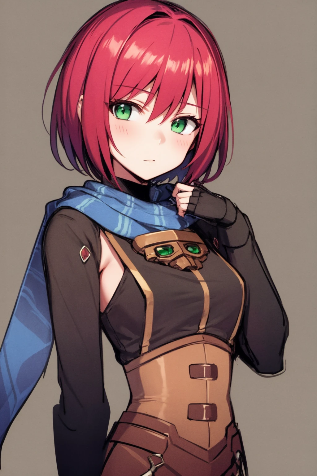 masterpiece, best quality, 1girl, nelzelpher, red hair, short hair, green eyes, scarf, upper body, looking at viewer, solo, sketch, simple background <lora:NelZelpher:1>