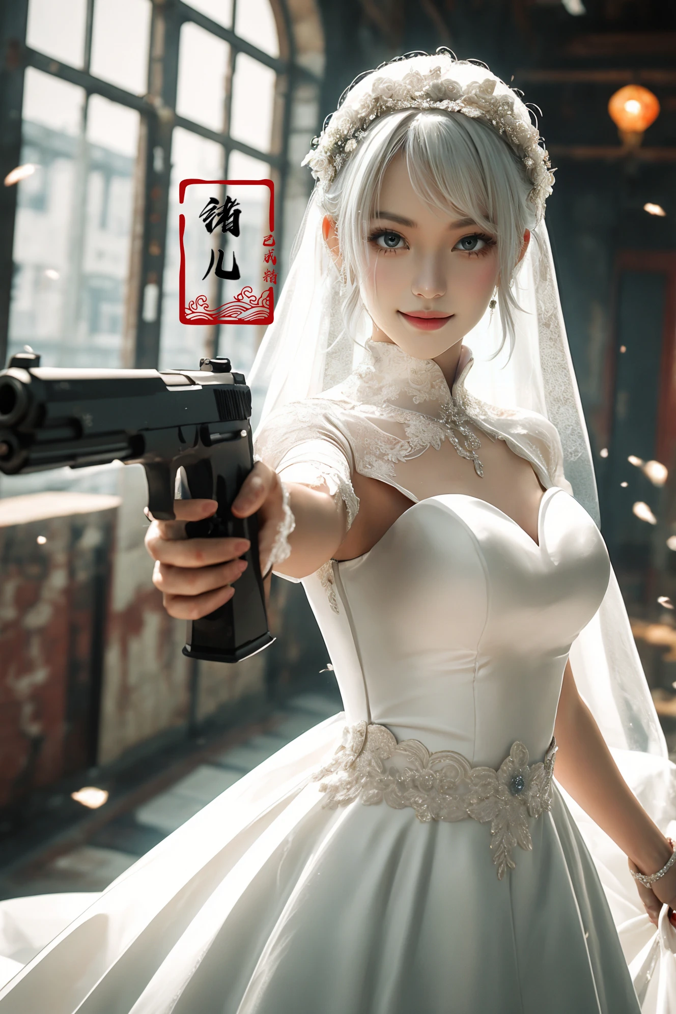 xuer pistol, white hair,
<lora:~Q?-bKg xuer pistol:0.8>,
evil smile,(wedding_dress:1.2),