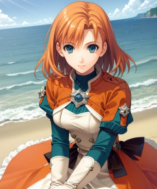 portrait, (adult woman), (1girl, solo), smile, (orange hair), ((coast, bay, cliffs, ocean)), (distant castle on a cliff), ((best quality, high detail)), ((masterpiece)), <lora:Annette_FE:0.7> (annette_war), medium hair, caplet, gloves, dress, <lora:1_takepon:1>