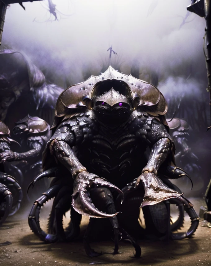 garthim, giant bug, large shell, crab legs, giant claws, purple eyes, full body, in a foggy room, black background, <lora:Garthim_Dark_Crystal-000013:1>