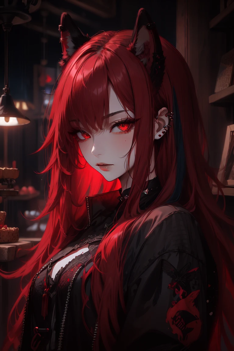 Goth girl 1girl, 1girl, solo, baggy clothing,black hair,red hair,multi color hair,long hair,wolf ears,wild hair,goth store,black clothing,red clothing,hair over one eye, <lora:G_G2.0-000006:0.8>