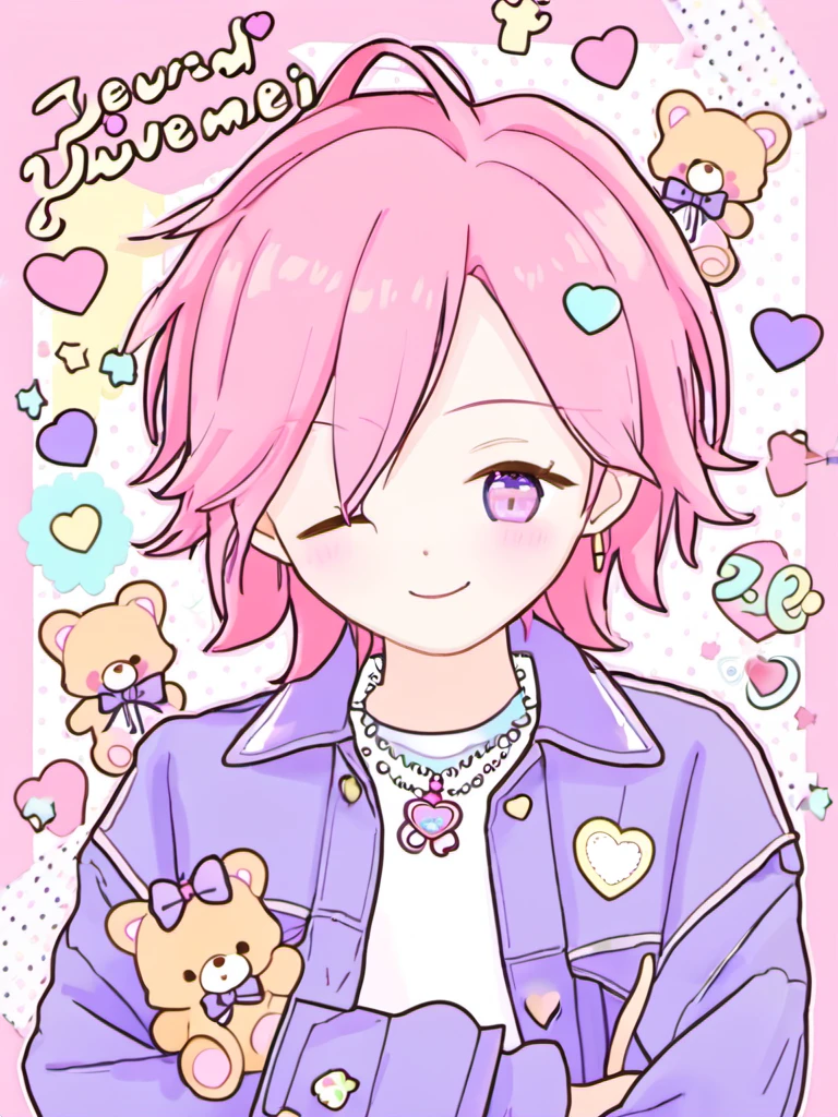 <lora:cartoon_stickers_xl_v1:0.8>,
a girl with pink hair and a blue jacket with a pink background and a pink background with a cartoon character,solo,looking_at_viewer,blush,smile,short_hair,bangs,shirt,hair_ornament,long_sleeves,1boy,jewelry,purple_eyes,jacket,upper_body,pink_hair,male_focus,heart,one_eye_closed,hairclip,necklace,star_\(symbol\),stuffed_toy,crossed_arms,stuffed_animal,teddy_bear,purple_jacket,bear,pastel_colors,ahoge,character_name,