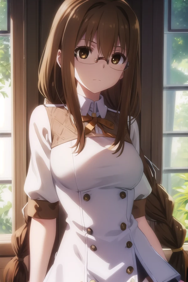 toukatoudou, <lora:touka toudou s1-lora-nochekaiser:1>,
touka toudou, long hair, brown hair, very long hair, braid, twin braids, glasses, (brown eyes:1.5), ahoge,
BREAK skirt, long sleeves, school uniform, juliet sleeves,
BREAK indoors, classroom,
BREAK looking at viewer, (cowboy shot:1.5),
BREAK <lyco:GoodHands-beta2:1>, (masterpiece:1.2), best quality, high resolution, unity 8k wallpaper, (illustration:0.8), (beautiful detailed eyes:1.6), extremely detailed face, perfect lighting, extremely detailed CG, (perfect hands, perfect anatomy),