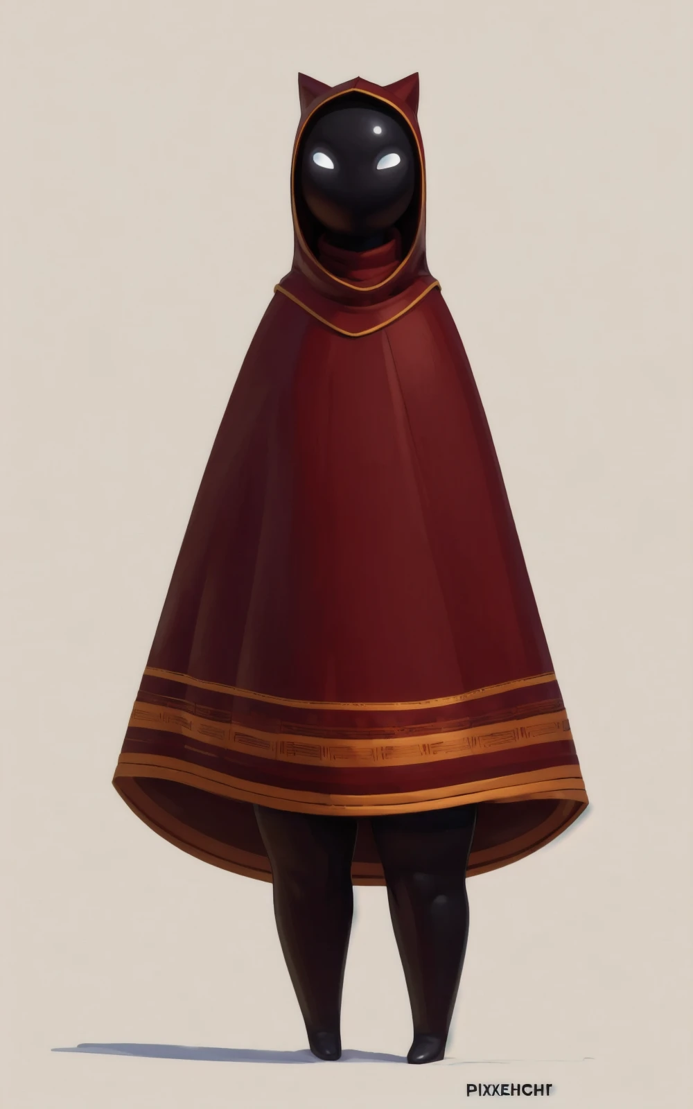 8k,4k,((Best quality, masterpiece, ultra high resolution)),((full body, by pixelsketcher)),  <lora:Traveler:0.8>,traveler,hooded cloak,hood,hood up, white eyes,robe, black skin, ofuda,scarf,blank eyes,red thighhighs,no mouth,headband,featureless feet,golden headband,((white background))