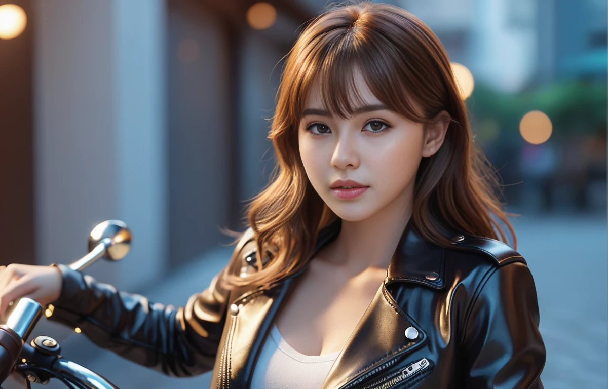a photo of IO person, woman, solo, alone, 1girl,
a beautiful 25 years old beautiful girl, perfect body,8K skin,kawaii,
(masterpiece:1.2),(realistic, photo-realistic:1.56),sharp,
extremely detailed,depth of field,physically-based rendering,high detail,real-world lighting, (high detailed skin), (Spiral brown hair long:1.15),(ultra-detailed_blunt bangs shiny gradient) ,
wearing a bikers jacket, ((riding a motorcycle)), looking at camera, (FULL-BODY shot),