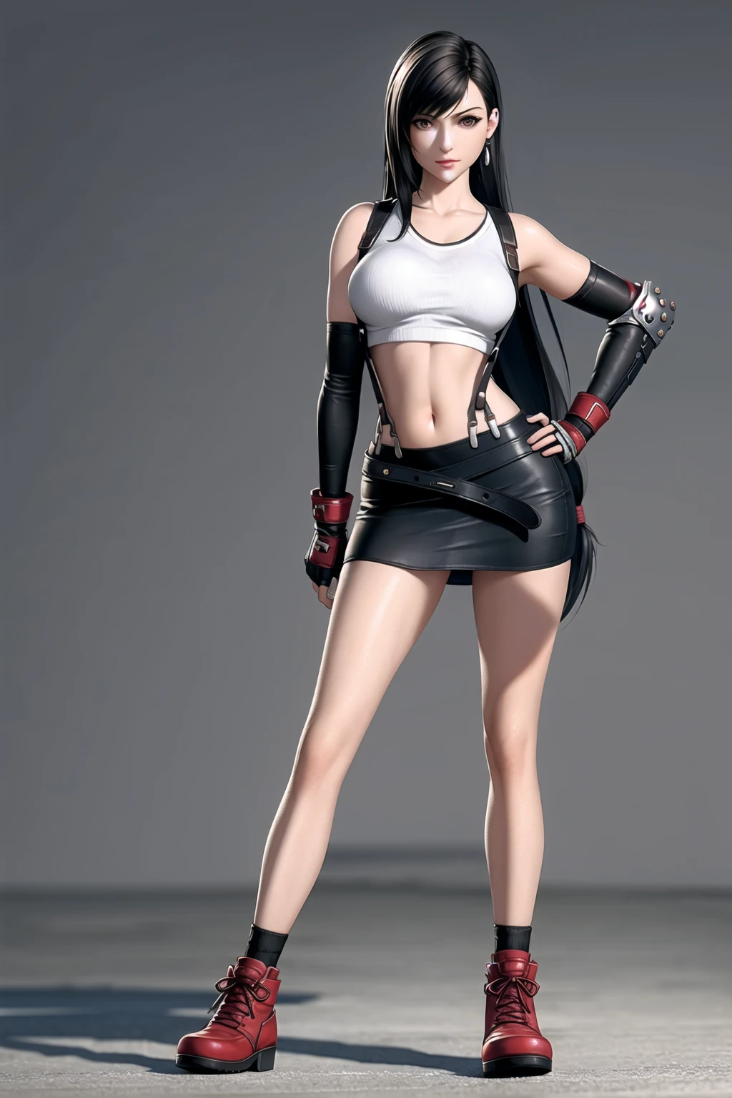 (masterpiece:1.2), best quality, masterpiece, highres, original, extremely detailed wallpaper, perfect lighting,(extremely detailed CG:1.2), drawing, paintbrush, 1girl, 3d, black hair, black skirt, breasts, crop top, earrings, elbow gloves, elbow pads, fingerless gloves, full body, gloves, grey background, hand on hip, jewelry, long hair, midriff, miniskirt, navel, pencil skirt, red footwear, skirt, solo, suspender skirt, suspenders, tank top, taut clothes, taut shirt, tifa lockhart,<lora:tifa:0.6>