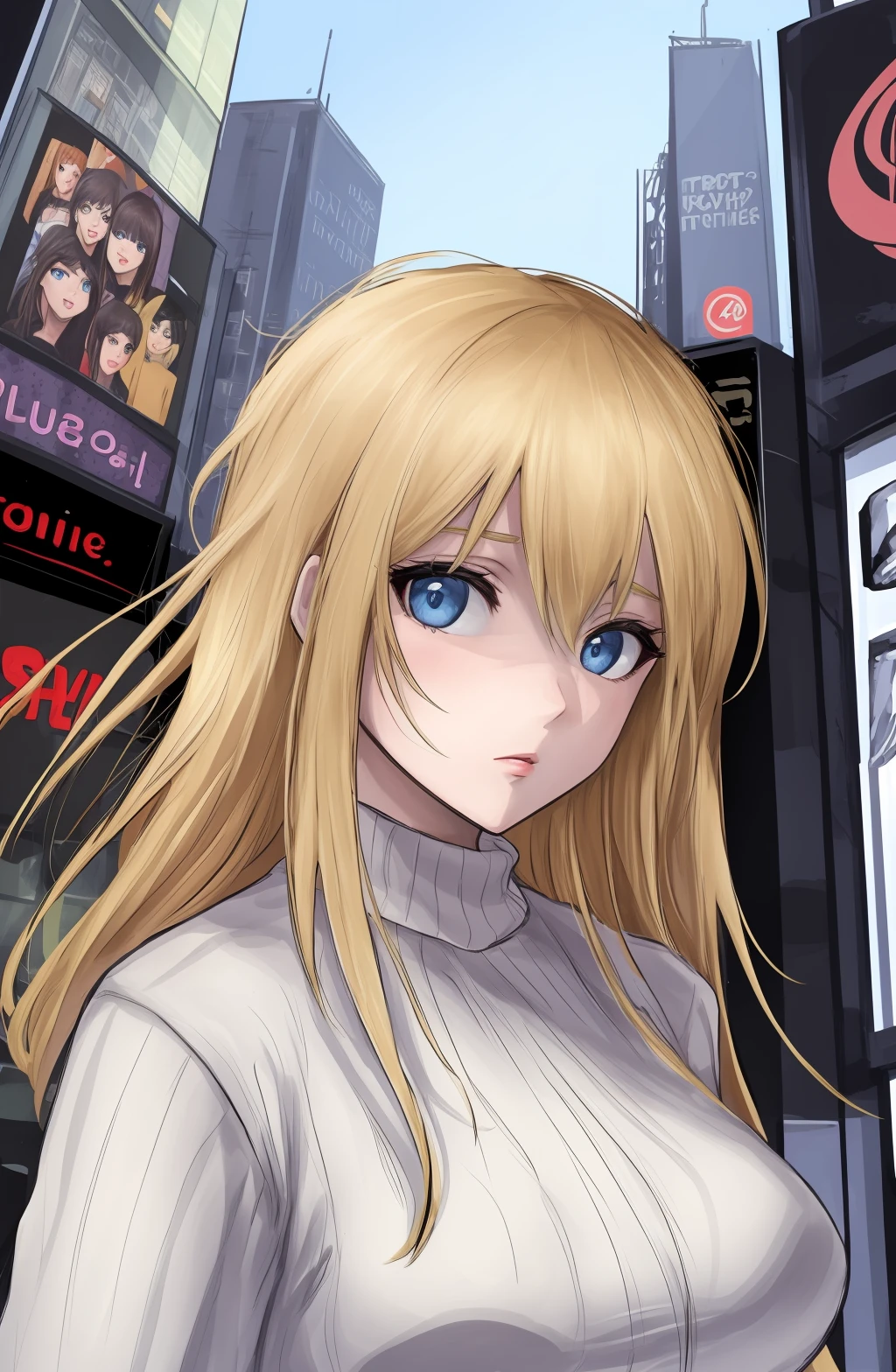 @1509Virgoart,VirgoArt \(Artist\),virgoart1509 \(Artist\),@virgoart512,virgoart512 \(Artist\),1509Virgoart \(Artist\), masterpiece, best quality, highres, solo, 1girl, (((upper body|portrait shot))), blue eyes, ribbed sweater, outdoors, New York times square, buildings,<lora:virgoart1509:1>