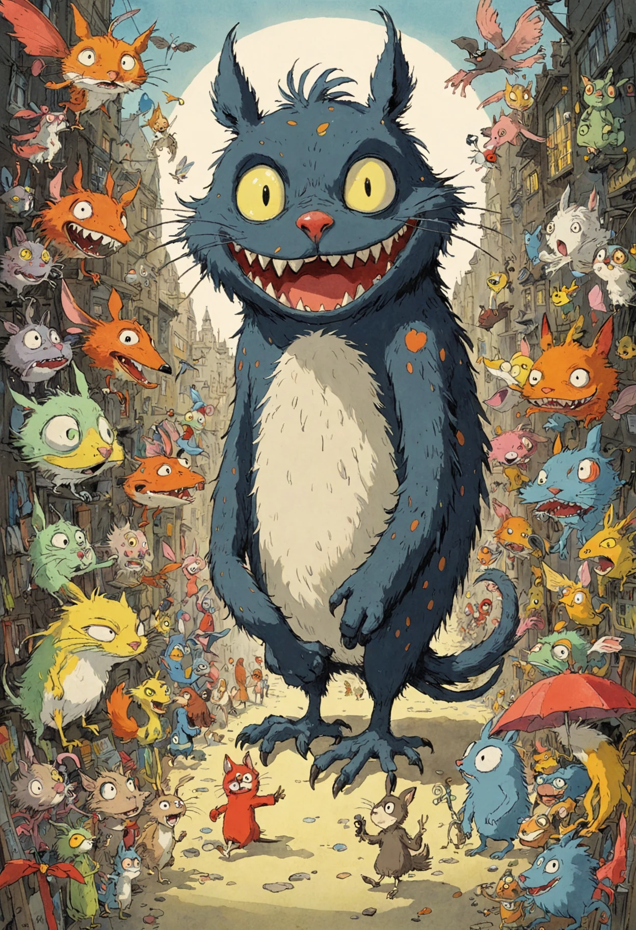 Illustration style, an absolutely maniacal insomniac, driven by artistic hunger, there is no stopping this creature, wacky, furry, large piercing eyes, comical, fun, sensation of pure speed, dynamic, highly detailed, rich emotive colors, masterpiece, sharp intricate detailing, art by (Quentin Blake AND Hayao Miyazaki)