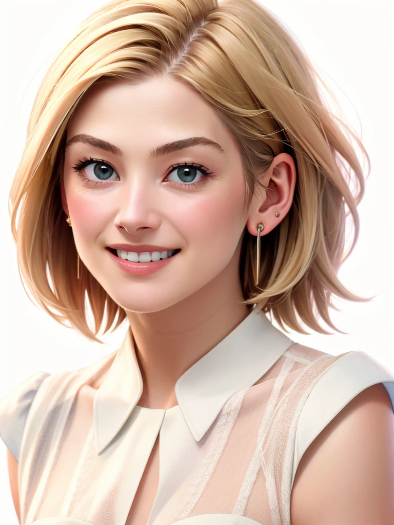 Realistic photo of a beautiful,1girl,solo,looking at viewer,smile,short hair,blonde hair,simple background,white background,jewelry,upper body,earrings,teeth,grin,black dress,lips,portrait,realistic, soft lighting, professional Photography, Photorealistic, detailed, RAW, analog, sharp focus, 8k, HD, high quality, masterpiece<lora:r0s4mundp:1.0>
