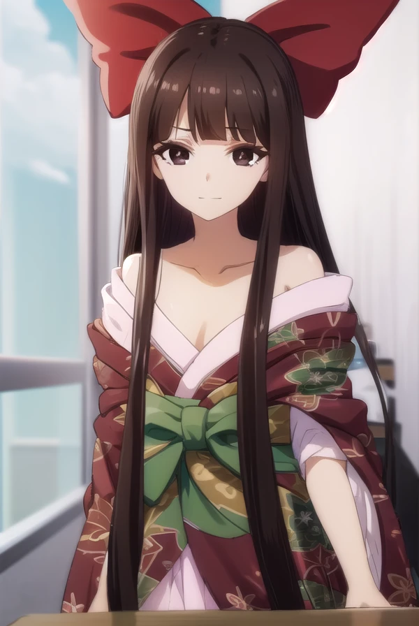 nenesaikyou, <lora:nene saikyou s1-lora-nochekaiser:1>,
nene saikyou, long hair, bangs, black hair, (brown eyes:1.5), bow, hair bow, blunt bangs, hime cut, red bow, smile,
BREAK bare shoulders, collarbone, japanese clothes, kimono, off shoulder,
BREAK indoors, classroom,
BREAK looking at viewer, (cowboy shot:1.5),
BREAK <lyco:GoodHands-beta2:1>, (masterpiece:1.2), best quality, high resolution, unity 8k wallpaper, (illustration:0.8), (beautiful detailed eyes:1.6), extremely detailed face, perfect lighting, extremely detailed CG, (perfect hands, perfect anatomy),