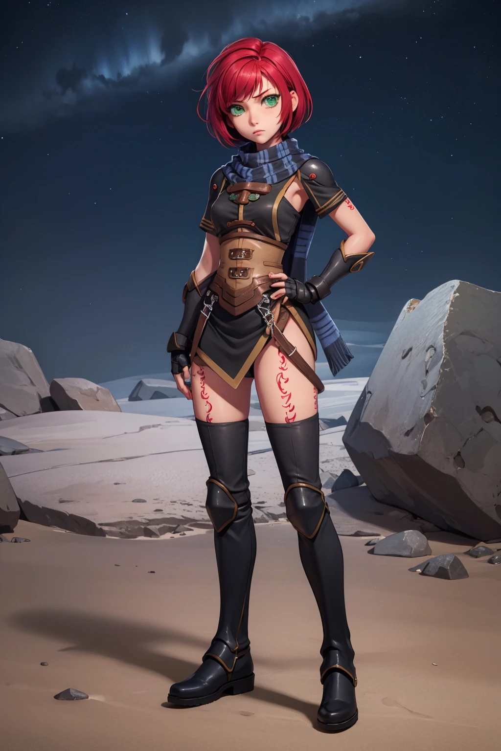 masterpiece, best quality, nelzelpher, red hair, short hair, green eyes, scarf, armor, fingerless gloves, tattoo, thighhighs, boot, full body, looking at viewer, night sky, serious expression, dagger <lora:NelZelpher:1>