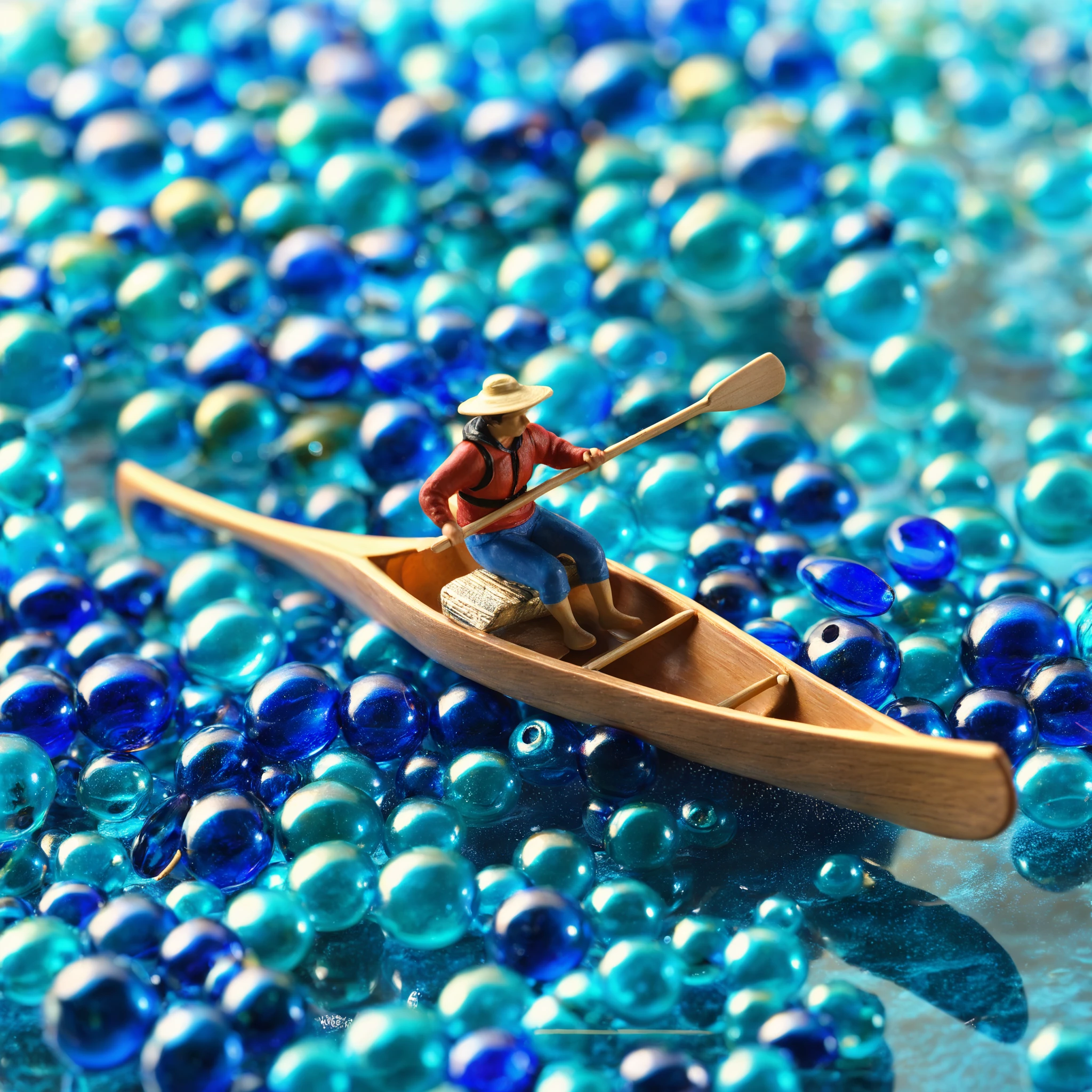 masterpiece, (realistic:1), (photorealistic:1), intricate detail, highly detailed, great textures, 8k, high detail, miniature, landscape,overview,
<lora:minihuman_SDXL_v2_loha-000016:0.8>, A small figure in a canoe is paddling through a stream of blue glass beads, canoe, glass beads, tranquil stream, reflective water, shimmering surface, glass textures, peaceful journey, serene, gliding, calm waters, imaginative, paddling