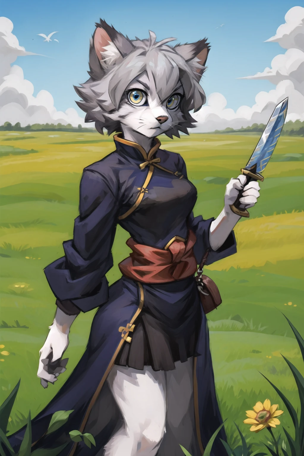 masterpiece, best quality,manul,tusun,looking at viewer,
furry girl,grey hair,blue chinese clothes, outdoors,grass,prairie,holding china sword
<lora:å
ç²:0.5>