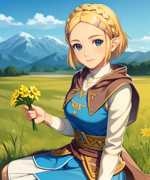 portrait, (adult woman), picking flowers, sitting in a field, (1girl, solo), smile, (blonde hair), ((field, rolling hills)), (distant mountains), ((best quality, high detail)), ((masterpiece)), <lora:zelda_shorthair_v5:0.4> zelda\(princess\), hairclip, cape, <lora:1_koutaro:1>