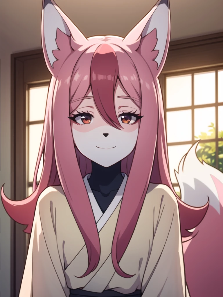 1 girl,solo, furry,fox girl,furry female, animal ears, nazuna_hiwatashi, pink hair,long hair, red eyes, hair between eyes, white skin,(two tone skin pink colored limbs), animal nose, triangle shaped nose, fox tail, (tail), (high quality, best quality, (4k), hi res, masterpiece, beautiful, high details), happy, half closed eyes, detailed eyes, indoors <lora:nazunut:0.8>, face closeup
