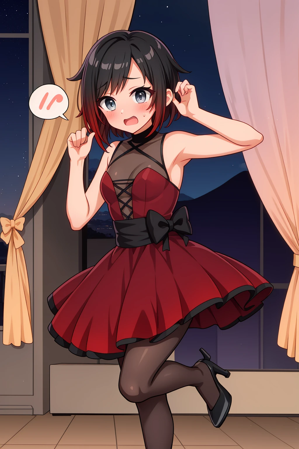 solo, <lora:RubyDance:1> rubyddi, grey eyes, black gradient hair, dress, pantyhose, high heels, bow, dancing, ballroom, night, distant mountains, curtains, embarrassed, blushing, flying sweatdrops, (spoken exclamation mark)