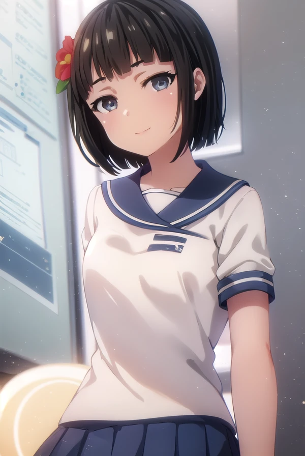 chiharuyouki, <lora:chiharu youki s1-lora-nochekaiser:1>,
chiharu youki, short hair, bangs, black hair, hair ornament, (brown eyes:1.3), flower, hair flower, blunt bangs, smile,
BREAK skirt, school uniform, pleated skirt, serafuku, blue skirt,
BREAK indoors, classroom,
BREAK looking at viewer, (cowboy shot:1.5),
BREAK <lyco:GoodHands-beta2:1>, (masterpiece:1.2), best quality, high resolution, unity 8k wallpaper, (illustration:0.8), (beautiful detailed eyes:1.6), extremely detailed face, perfect lighting, extremely detailed CG, (perfect hands, perfect anatomy),