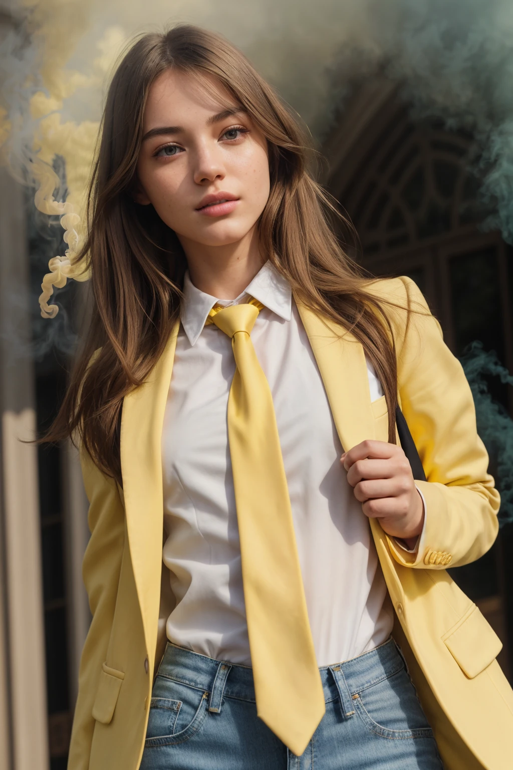 (CINEMATIC SHOT:1.4)(Crowded College Campus:1.4) ((CLOSE-UP SHOT, ZOOM ON FACE:1.5)) TrualityCampus_Penelope (tucked White Formal Shirt 1.3)(Yellow Blazer:1.4)(Necktie:1.5)(Jeans:1.4)((Photo Focus, DOF, Aperture, insanely detailed and intricate, character, hypermaximalist, elegant, ornate, beautiful, exotic, revealing, appealing, attractive, amative, hyper realistic, super detailed, heresy flares))(volumetric yellow smoke:1.3) (standing in front of a college entrance)
