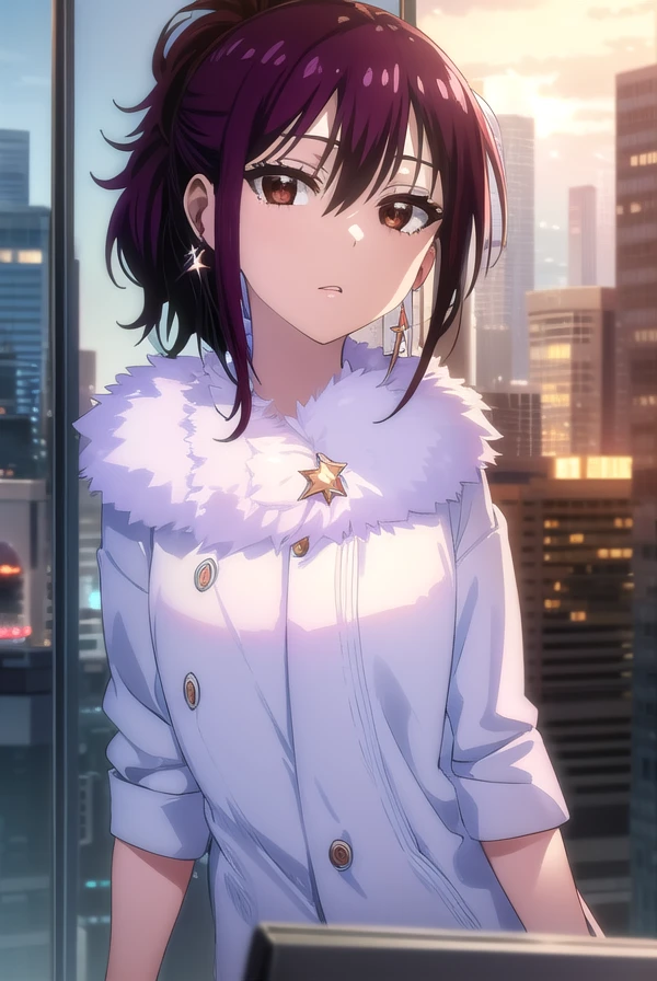 hanakirisaki, <lora:hana kirisaki s2-lora-nochekaiser:1>,
hana kirisaki, purple hair, (brown eyes:1.3), ponytail, short hair, hair between eyes,
BREAK formal, suit, office lady, fur trim, earrings,
BREAK outdoors,
BREAK looking at viewer, (cowboy shot:1.5),
BREAK <lyco:GoodHands-beta2:1>, (masterpiece:1.2), best quality, high resolution, unity 8k wallpaper, (illustration:0.8), (beautiful detailed eyes:1.6), extremely detailed face, perfect lighting, extremely detailed CG, (perfect hands, perfect anatomy),