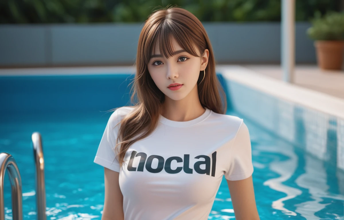a photo of IO person, woman, solo, alone, 1girl,
a beautiful 25 years old beautiful girl, perfect body,8K skin,kawaii,
(masterpiece:1.2),(realistic, photo-realistic:1.56),sharp,
extremely detailed,depth of field,physically-based rendering,high detail,real-world lighting, (high detailed skin), (Spiral brown hair long:1.15),(ultra-detailed_blunt bangs shiny gradient) ,
wearing a t-shirt and jeans, ((in a swimming pool)), looking at camera, (FULL_BODY shot),
