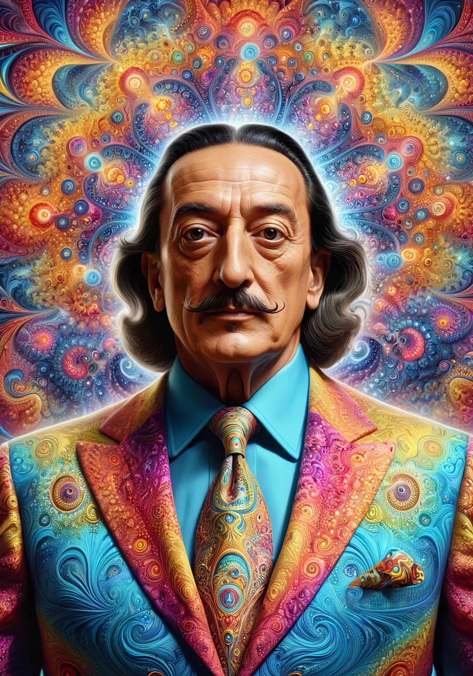 digital illustration, portrait of psychedelicai Salvador Dali, colorful fractal suit, extremely vivid, highly detailed, intricate. <lora:psychedelicai-SDXL:1>