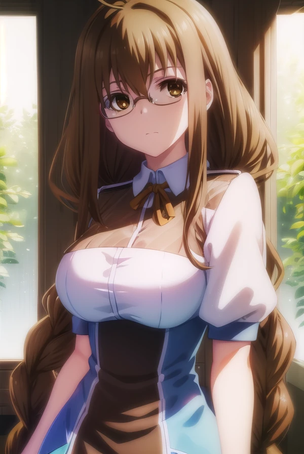 toukatoudou, <lora:touka toudou s1-lora-nochekaiser:1>,
touka toudou, long hair, brown hair, very long hair, braid, twin braids, glasses, (brown eyes:1.5), ahoge,
BREAK skirt, long sleeves, school uniform, juliet sleeves,
BREAK indoors, classroom,
BREAK looking at viewer, (cowboy shot:1.5),
BREAK <lyco:GoodHands-beta2:1>, (masterpiece:1.2), best quality, high resolution, unity 8k wallpaper, (illustration:0.8), (beautiful detailed eyes:1.6), extremely detailed face, perfect lighting, extremely detailed CG, (perfect hands, perfect anatomy),