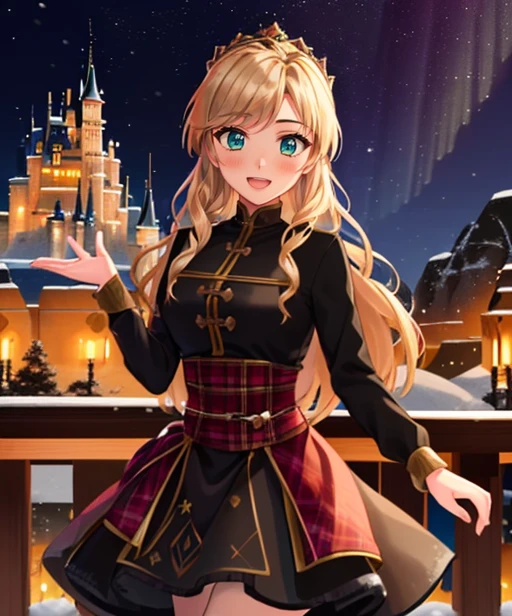 (adult woman), (1girl, solo), long-sleeved black tunic, smile, open mouth, ((fantasy castle, city, snow)), (aurora, night), ((best quality, high detail)), ((masterpiece)), <lora:anna_of_arendelle_v22:.6> , (anna of arendelle), <lora:1_yamakazeran:1>