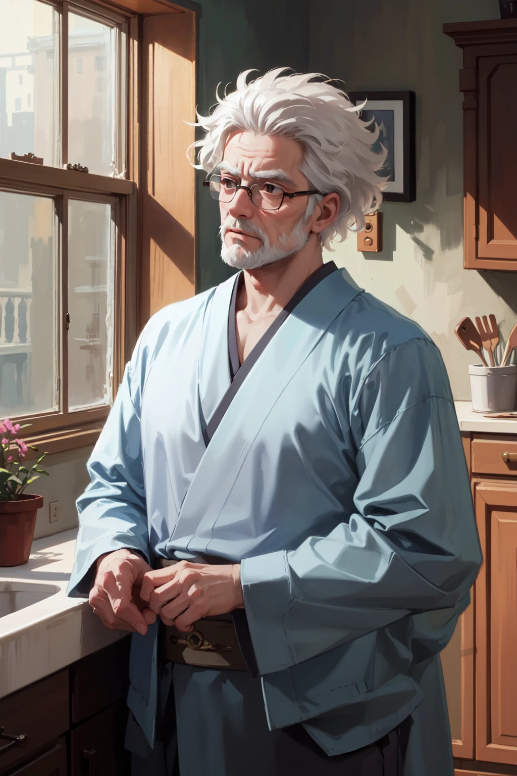masterpiece, best quality, ZaUm, texture, (dim lighting, in shadow:1.2), dark, indoors, kitchen,
an old man, beard, standing, solo, upper body, face focus, sad, grey hair, two-tone hair, brown eyes, afro, tinted eyewear, kimono,
<lora:DiscoElysium_v2:1>