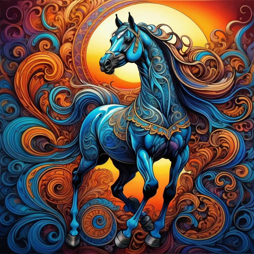 beautiful arabian horse rearing, sunset background, backlit, vivid colors, vibrant colors, intricate details, intricate line drawing, masterpiece <lora:zenodoXL:.55>