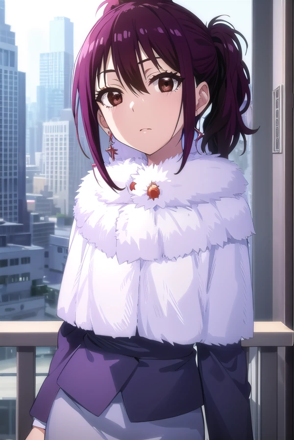 hanakirisaki, <lora:hana kirisaki s2-lora-nochekaiser:1>,
hana kirisaki, purple hair, (brown eyes:1.3), ponytail, short hair, hair between eyes,
BREAK formal, suit, office lady, fur trim, earrings,
BREAK outdoors,
BREAK looking at viewer, (cowboy shot:1.5),
BREAK <lyco:GoodHands-beta2:1>, (masterpiece:1.2), best quality, high resolution, unity 8k wallpaper, (illustration:0.8), (beautiful detailed eyes:1.6), extremely detailed face, perfect lighting, extremely detailed CG, (perfect hands, perfect anatomy),