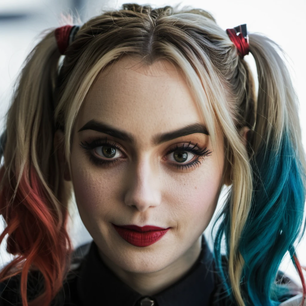 High res closeup portrait photo of an actress dressed as Harley Quinn, f /2.8, Canon, 85mm,cinematic, high quality, skin texture, looking at the camera, , <lora:adlima_xl_1_standard_merge_62_88_05_05:1>