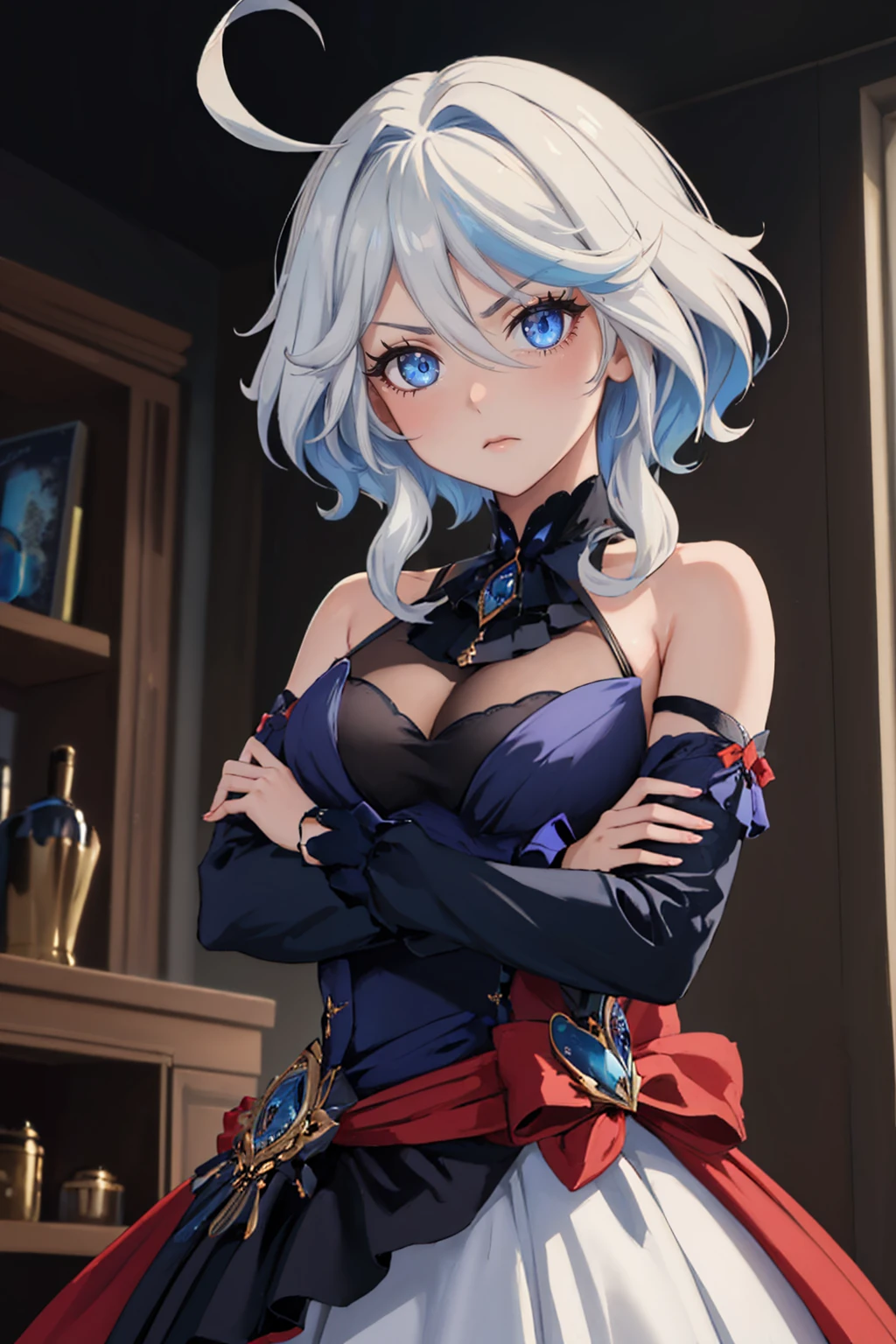 masterpiece, best quality, 1 solo girl, grey hair, blue eyes, short hair, medium , sexy boand face, wavy hair, smile, sleeveless shirt, scarf, black thigh-high, mini skirt, pendant, bracelet, jewelry, earrings, feather hair ornament, book, lying at the bed, night, sexy pose,wboy shots, detailed body, face, and eyes, sharp focus, vibrant, creative, dynamic, high definition, high resolution, 8k, (Upscale: R-ESRGAN 4x+ Anime6mage enchance:4x), voluptuous body, cinema lightning, dakimakura style, looking at the viewer, multicolored hair