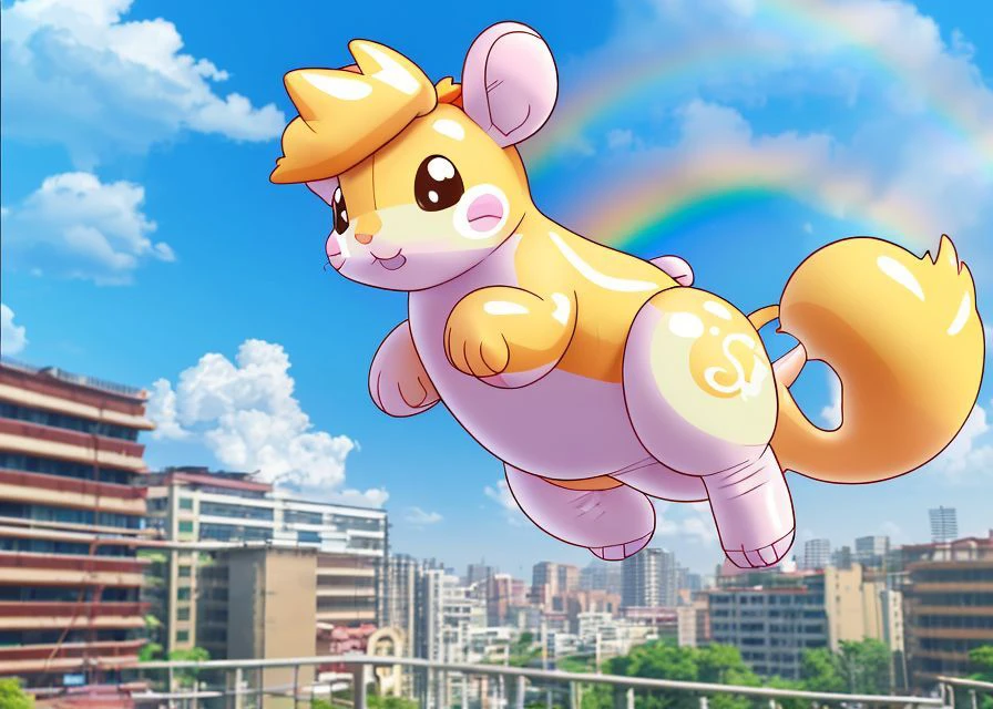 very cute tiny little inflatable horse character, hamtaro in india floating flying in the sky, over a rainbow scaffold, (city:1.3) fursona commission on e612, digital art, realistic, mixed media, stylized photograph anime, kemono <lora:Bloonzv3-000025:0.6>