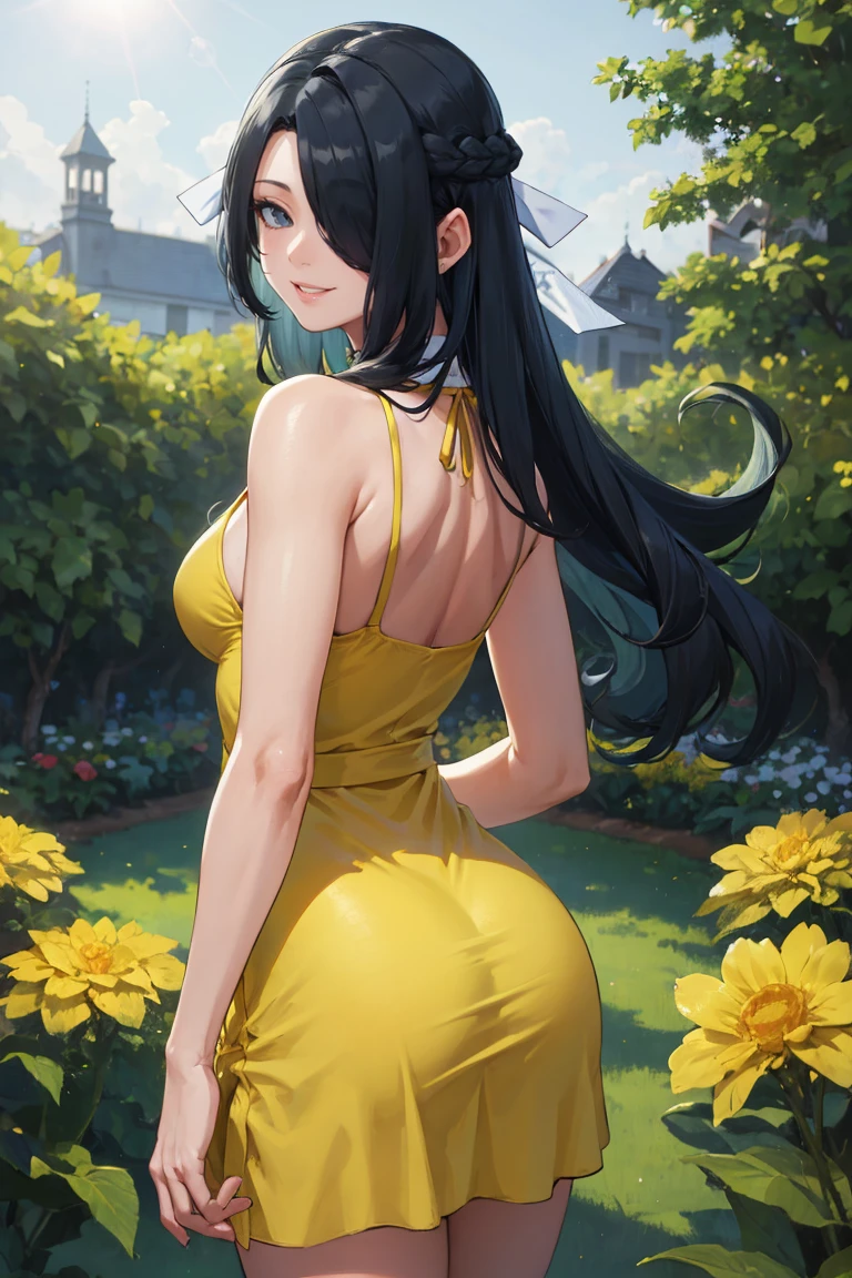 masterpiece, best quality, absurdres, AzumaFubuki, long hair, hair over one eye, hair ribbon, from behind, (yellow sundress), garden, day, sunshine, smile, looking back, <lora:CHAR-AzumaFubuki:1>