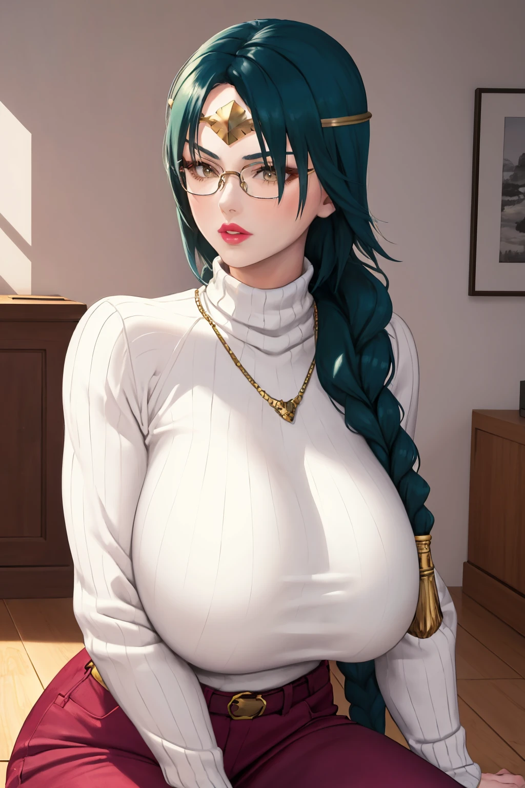 masterpiece, best quality, 1girl, solo, <lora:thorr-fe-richy-v1:0.9> thorr, circlet, braid, turtleneck sweater, glasses, parted lips, lipstick, huge breasts, indoors, sitting, ribbed sweater, mature female