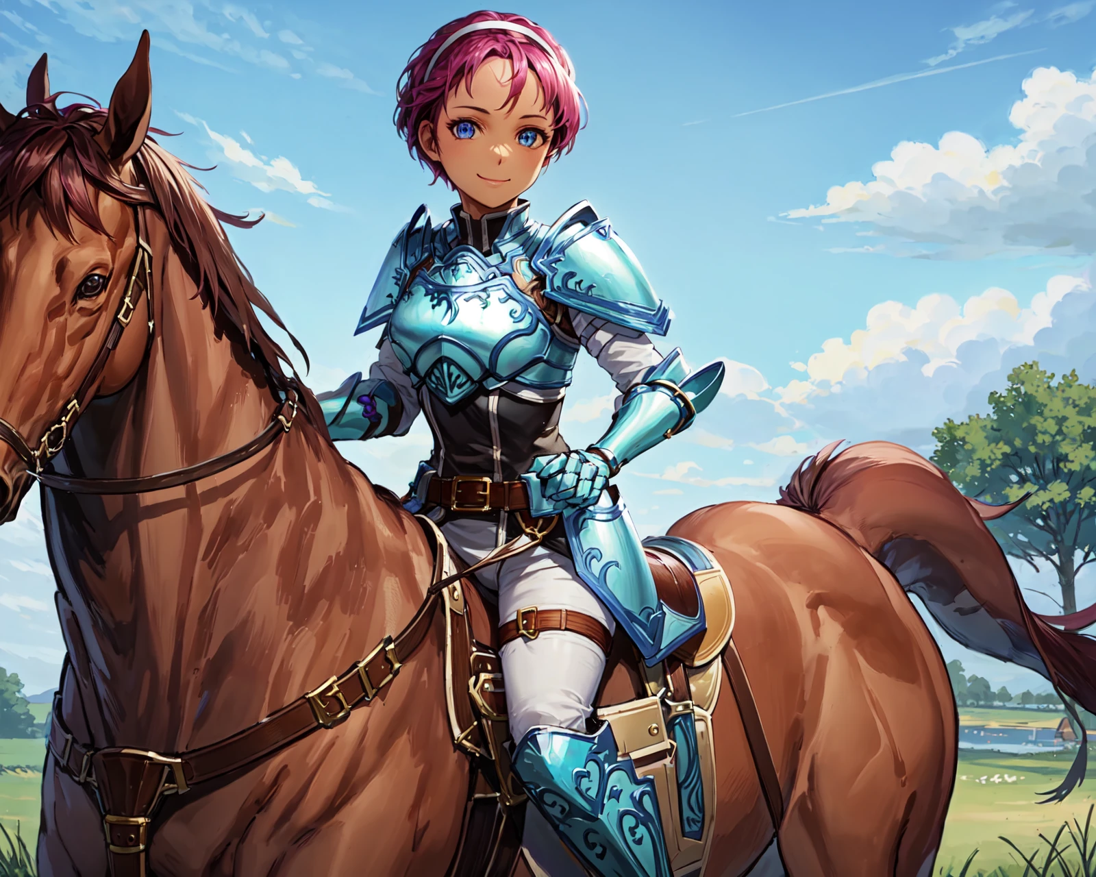 (brown horse,riding a brown horse,saddle,reins:1.1),,<lora:fionaV1:0.8>,fiona,short hair,smile, closed mouth,armor, armored boots, belt, breastplate,hairband, shoulder armor, looking at viewer,white pants, white gloves, gauntlets, jewelry, knee boots,outdoors,grass,(masterpiece, best quality, ultra-detailed, best shadow)
