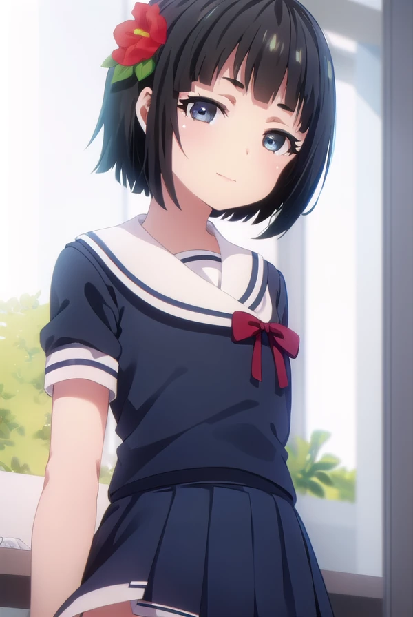 chiharuyouki, <lora:chiharu youki s1-lora-nochekaiser:1>,
chiharu youki, short hair, bangs, black hair, hair ornament, (brown eyes:1.3), flower, hair flower, blunt bangs, smile,
BREAK skirt, school uniform, pleated skirt, serafuku, blue skirt,
BREAK indoors, classroom,
BREAK looking at viewer, (cowboy shot:1.5),
BREAK <lyco:GoodHands-beta2:1>, (masterpiece:1.2), best quality, high resolution, unity 8k wallpaper, (illustration:0.8), (beautiful detailed eyes:1.6), extremely detailed face, perfect lighting, extremely detailed CG, (perfect hands, perfect anatomy),