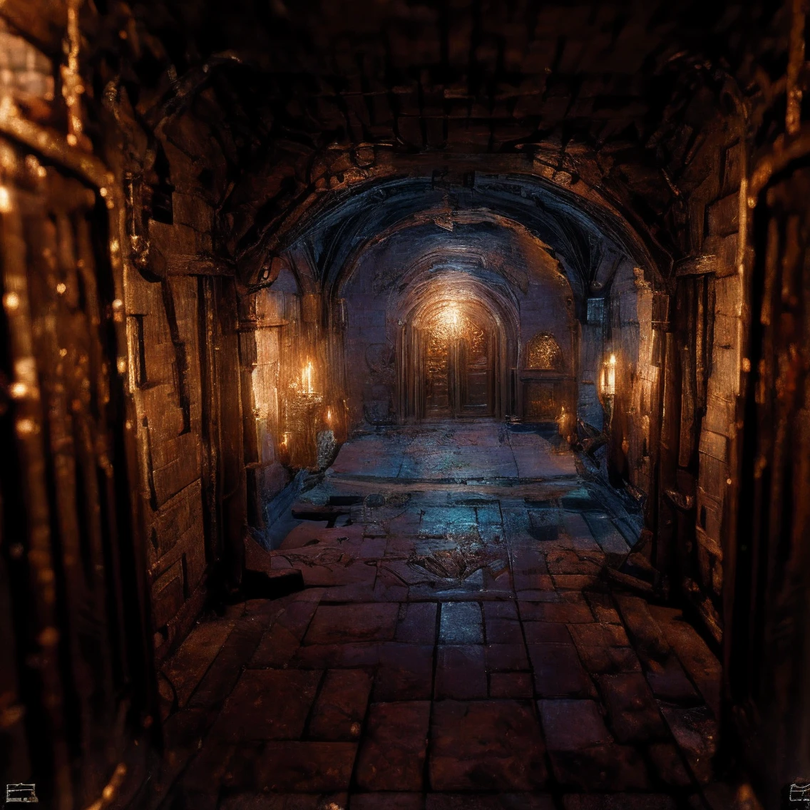 (masterpiece:1.2), (best quality,:1.2), 8k, HDR, ultra detailed, ((photorealistic)), professional light, cinematic lighting, fashion photography, ambient lighting, a square dungeon room with several doors, torchlight, FanUn, <lora:FantasyUnderground-10:1>, <lora:detail_slider_v4:3>, epiCPhoto