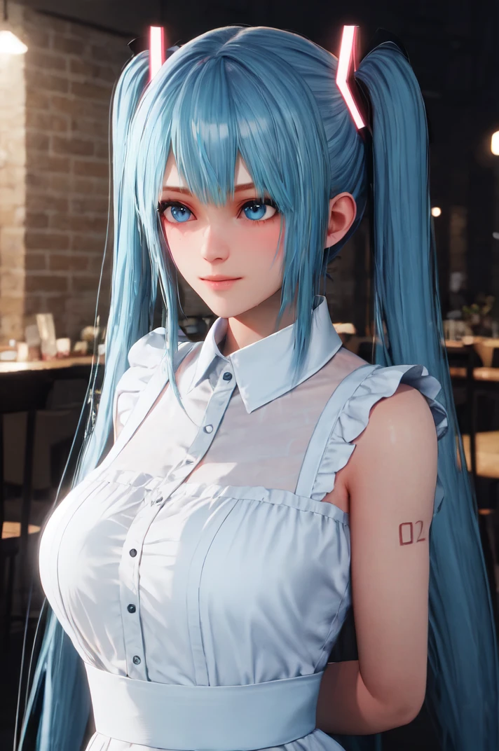 realistic, hatsune miku, maid, light blue hair, blue eyes, twintails, very long hair, (voluminous hair, fluffy hair, disheveled hair:1.5), messy hair, cafe, bokeh, subsurface scattering, volumetric lighting, light rays, upper body, dark, chiaroscuro, close-up, makeup, light smile
BREAK glowing eyes, arms behind back
<lora:3d-19(1):1>
