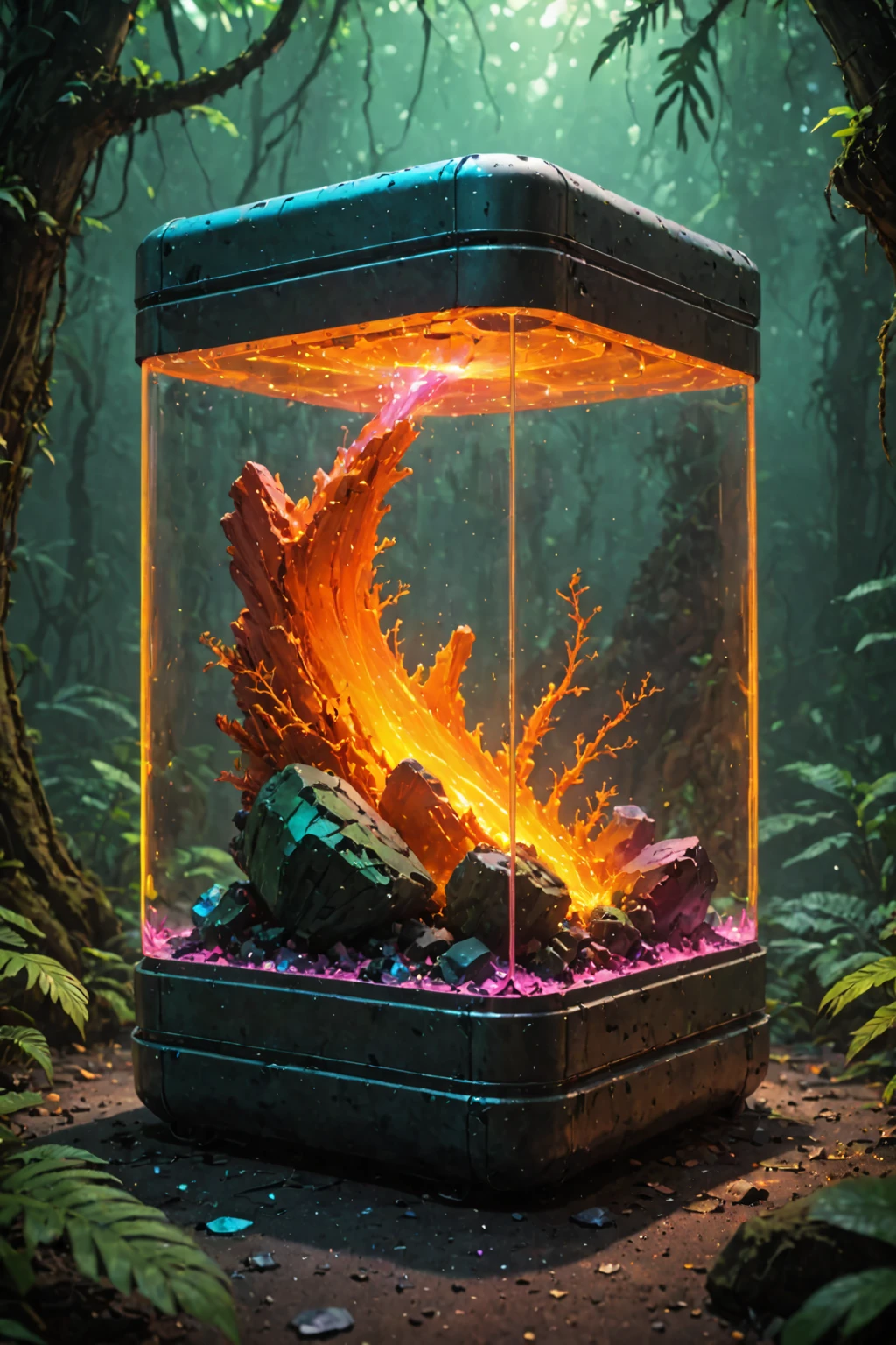 contained color, jungle background, lab in a square futuristic container, colorful liquid, glowing rock, ( orange glass) ,<lora:Contained_Color_SDXL:1>