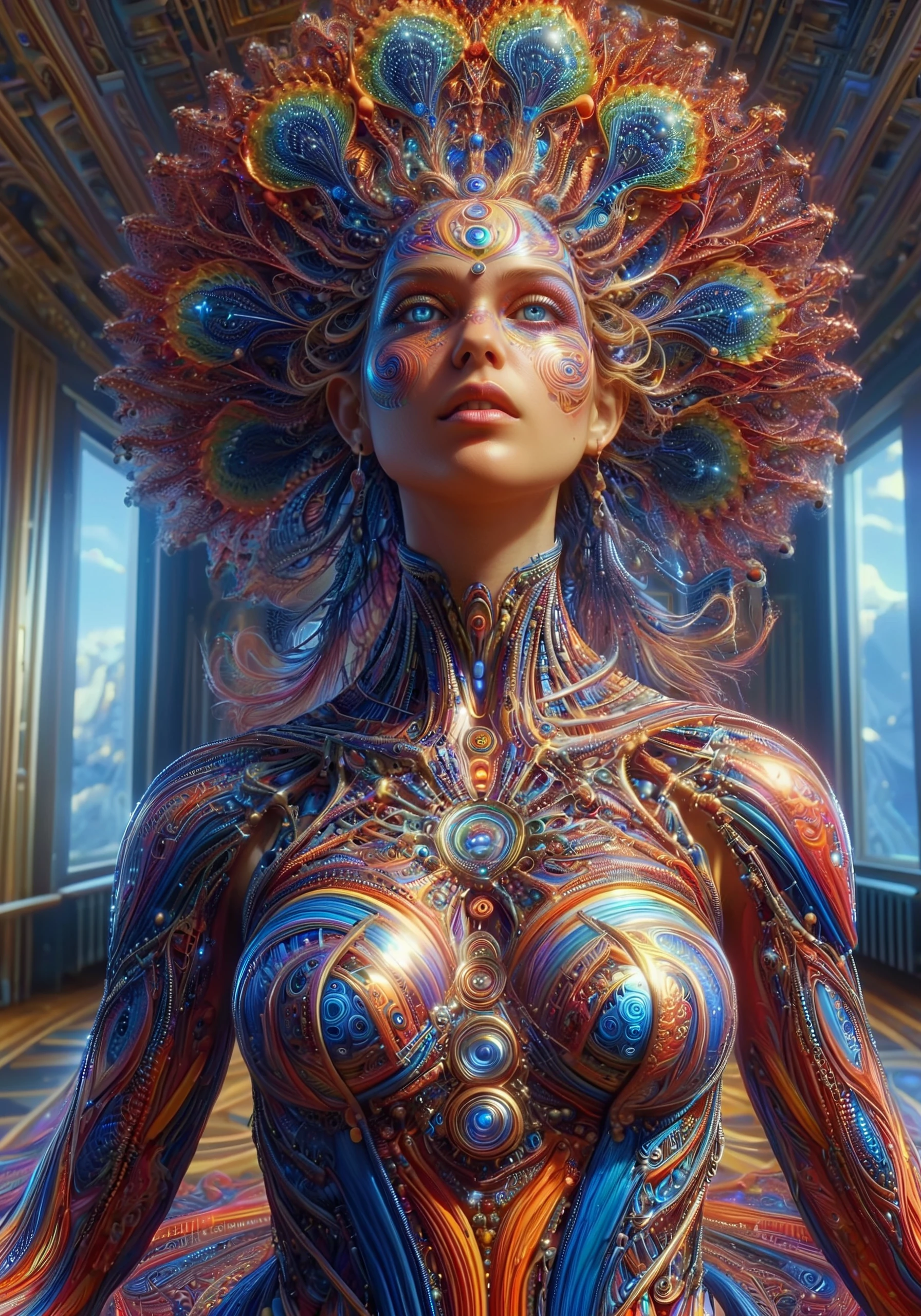 Beautiful young woman, Beautiful big breasts, Front opening shirt, Body painting with pop designs drawn directly all over the body, heart shapes, Pop Art Design, cutting edge fashion, innovative, The center of attention, newyork, special art design, pubick hair, cameltoe details, nipples-design, Ultra-detailed backgrounds depicting a beautiful future, Unknown world, Art Deco, Futurism, sparkle, Conceptual art, Art Deco, super detail, ccurate, high details, anatomically correct
