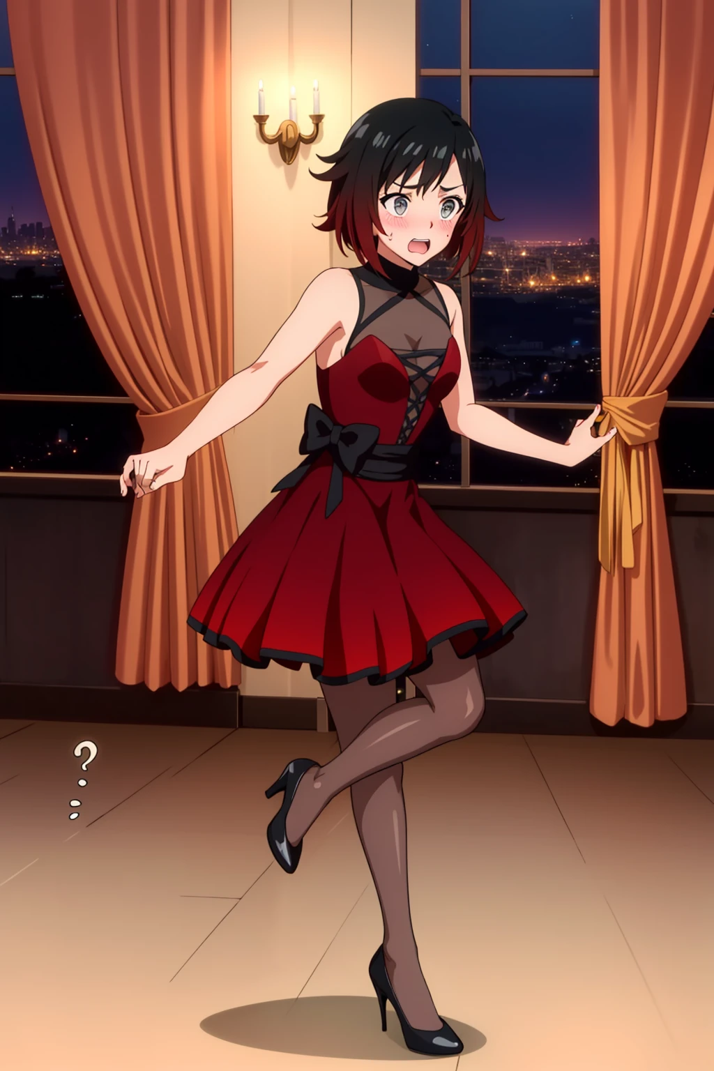 solo, <lora:RubyDance:1> rubyddi, grey eyes, black gradient hair, dress, pantyhose, high heels, bow, dancing, ballroom, night, distant city, curtains, embarrassed, blushing, flying sweatdrops, spoken exclamation mark,