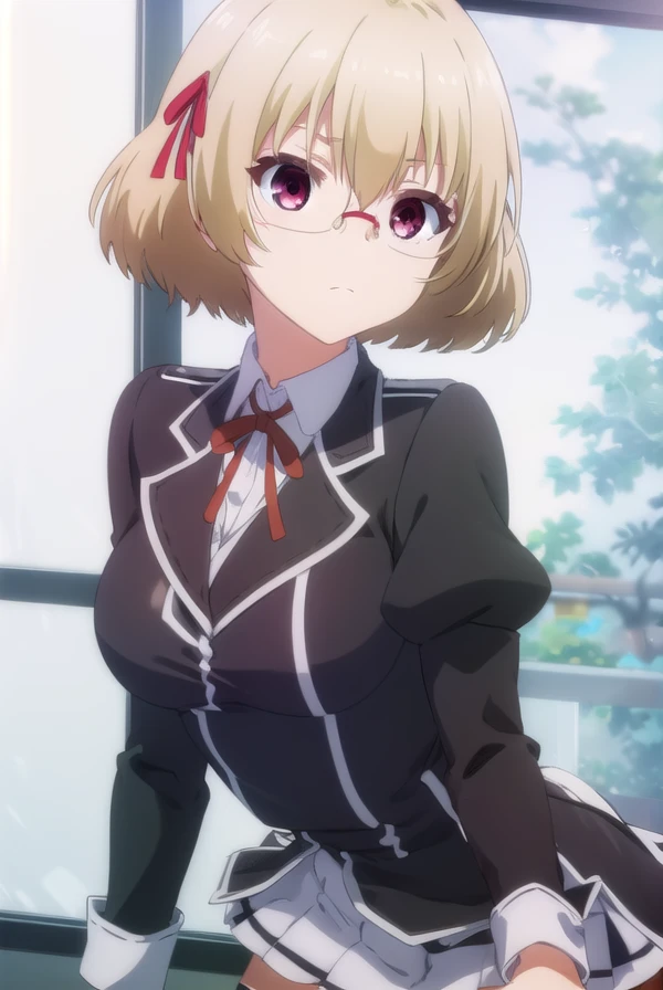 kagamikusakabe, <lora:kagami kusakabe s1-lora-nochekaiser:1>,
kagami kusakabe, short hair, blonde hair, (red eyes:1.3), ribbon, hair ribbon, ahoge, glasses,
BREAK skirt, long sleeves, school uniform, juliet sleeves,
BREAK indoors, classroom,
BREAK looking at viewer, (cowboy shot:1.5),
BREAK <lyco:GoodHands-beta2:1>, (masterpiece:1.2), best quality, high resolution, unity 8k wallpaper, (illustration:0.8), (beautiful detailed eyes:1.6), extremely detailed face, perfect lighting, extremely detailed CG, (perfect hands, perfect anatomy),