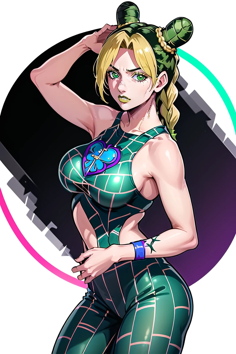 jolyne, cute, clothed, 1girl, solo, blonde hair, black hair, green hair, detailed, /white background/, braided ponytail, green eyes, full body, character focus, large breasts, main outfit,<lora:EMS-260993-EMS:0.800000>,<lora:EMS-206414-EMS:0.200000>