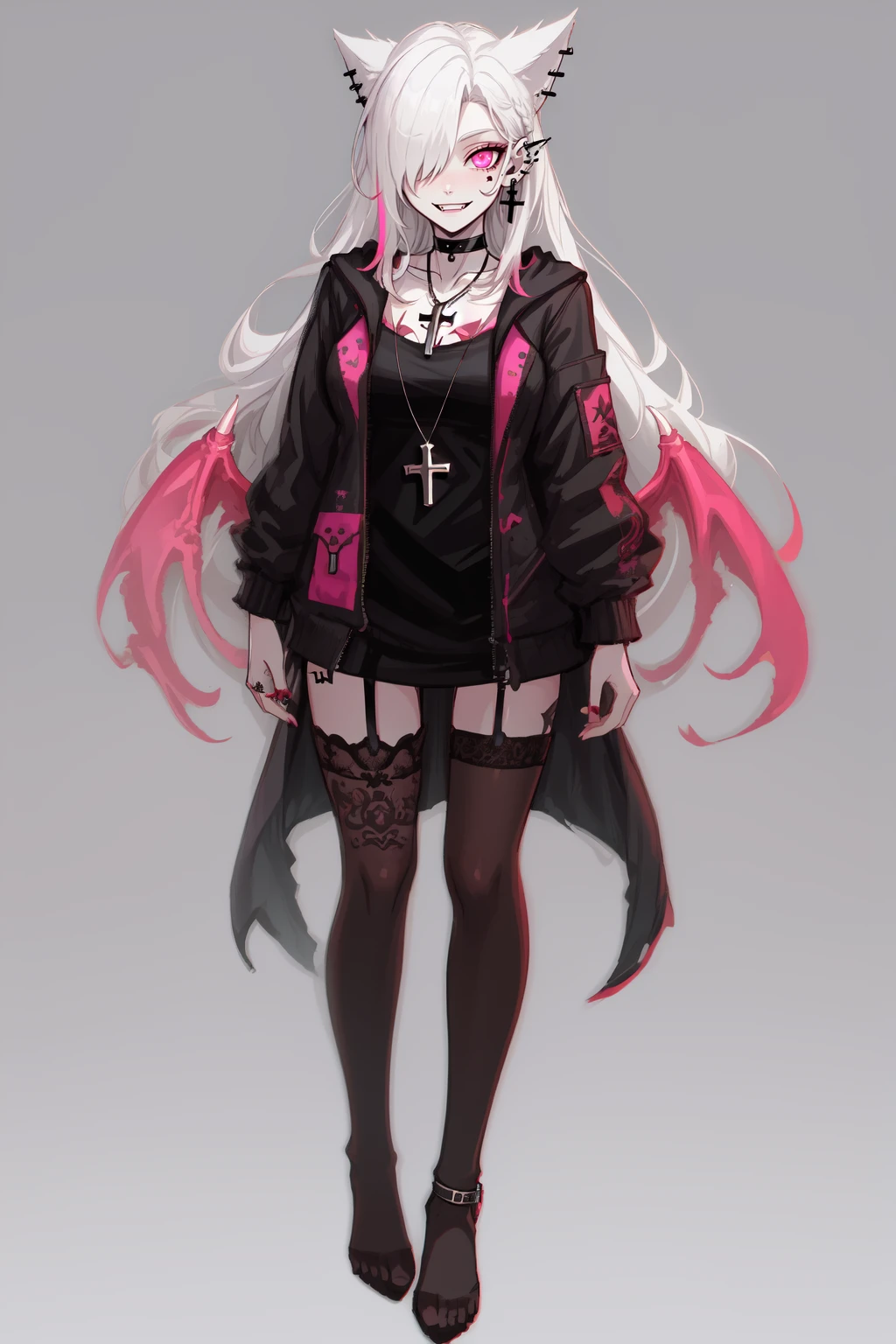 Goth girl, Goth girl 1girl 1girl,solo, adult, long hair,looking at viewer,smile,simple background,black hair,jewelry,white hair,multicolored hair,earrings,choker,pink eyes,grey background,necklace, (hair over one eye),two-tone hair,tattoo,fangs,piercing,cross,ear, piercing,(full body:1.5),stockings ,facial tattoo, dark background, simple background, <lora:Goth_girl-v2:0.8>