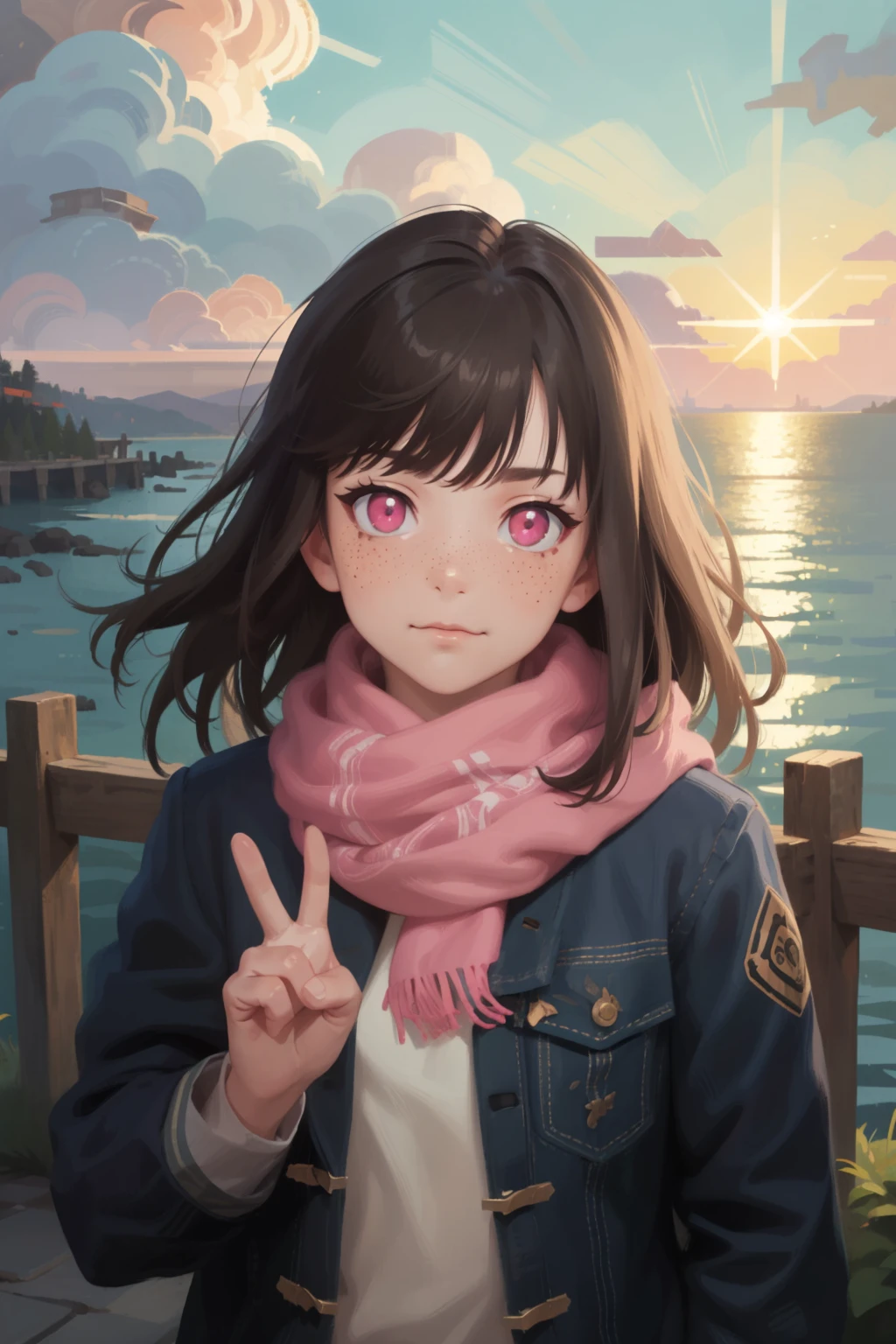 masterpiece, best quality, ZaUm, texture, landscape, dawn, dappled sunlight, oceanside, wooden fence,
1girl, standing, solo, upper body, face focus, :3, peace sign, Fluorescent Pink eyes, dark brown hair, hair flaps hair, eyeliner, freckles, scarf, jacket, two-tone hair,
<lora:DiscoElysium_v2:2>